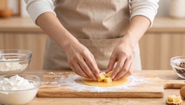 Woman's hands placing butter cubes on pastry for baking preparation in the kitchen