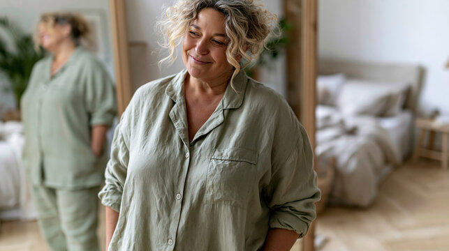 Stock style, ultra realistic, premium commercial photography of a confident plus size woman standing in front of a full length mirror in a bright minimal bedroom, looking at her ow