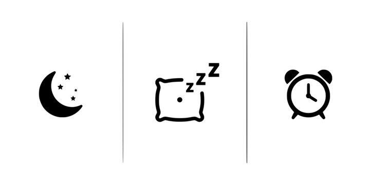 Moon Icon with Stars, Sleeping Pillow with Z's, and Alarm Clock in Minimalist Black and White Vector Illustration
