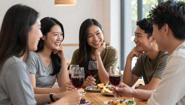 Group of young asian adults enjoy casual talk while sharing wine and snacks