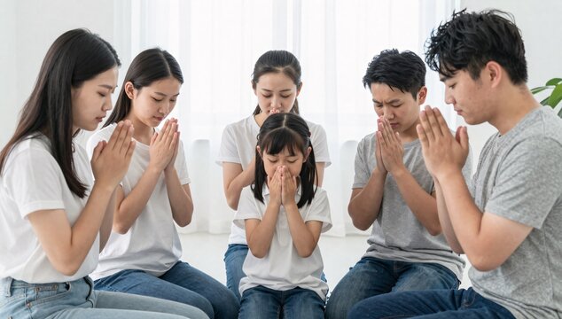 Asian family prays together during difficult times asking for hope and positive outcome