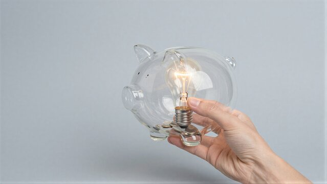 Hand holds glowing light bulb inside transparent piggy bank, symbolizing savings and smart energy choices.