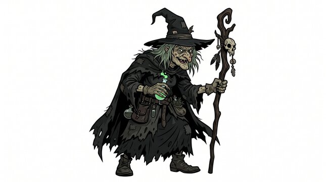 Spooky old witch illustration holding a magic staff and a green potion bottle on white background