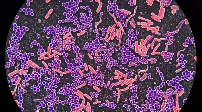 Microscopic view of bacteria mixture showing purple cocci and pink bacilli strains