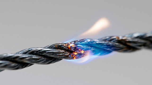 Macro photography of Indium wire burning softly in a halogen environment producing a pale indigo-colored flame. High-quality photorealistic isolate, pure white background, complete