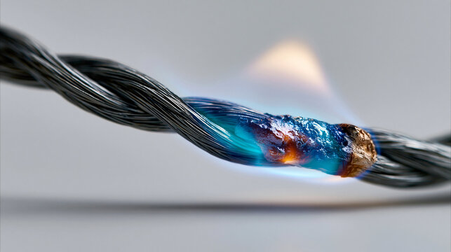 Macro photography of Indium wire burning softly in a halogen environment producing a pale indigo-colored flame. High-quality photorealistic isolate, pure white background, complete