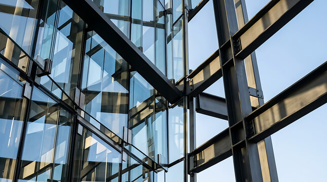 Abstract geometric steel and glass facade of a modern architectural structure