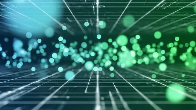 Modern digital background with teal and green bokeh lights over a subtle geometric grid pattern