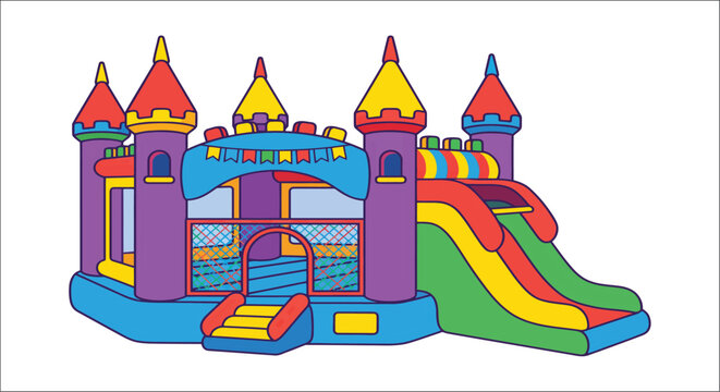 Colorful inflatable castle with slide a vector illustration on a white background bouncy jump house