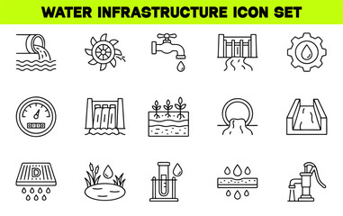 Fototapeta premium Water Infrastructure Line Icon Set – Editable Stroke Vector Illustration for Water Supply, Management, Irrigation and Utility Concepts