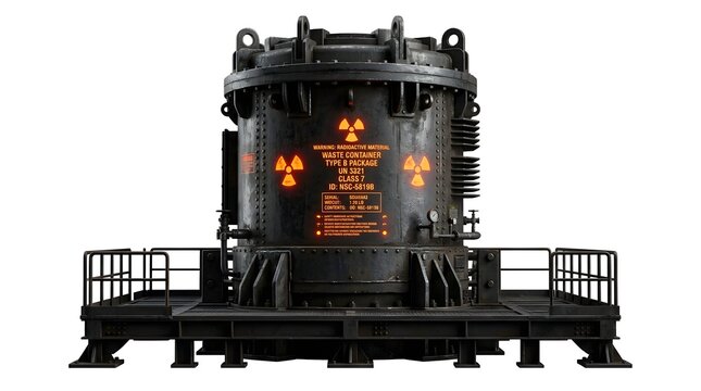 A large, industrial machine with warning signs of radioactive material. The machine is dark and metallic, with glowing orange symbols. It appears to be a reactor or a containment unit.