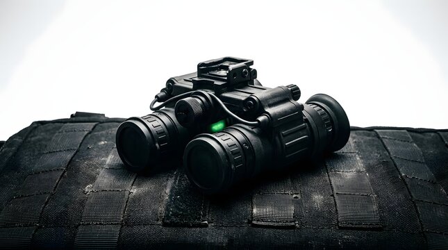 A pair of tactical night vision goggles resting on a black tactical vest. The goggles appear to be professional-grade, with advanced optics and an infrared illuminator