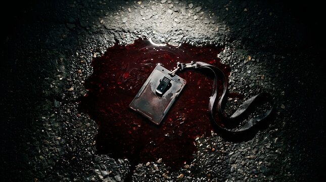 An identity card lies in a pool of blood on the asphalt. The card is damaged and has a lanyard attached
