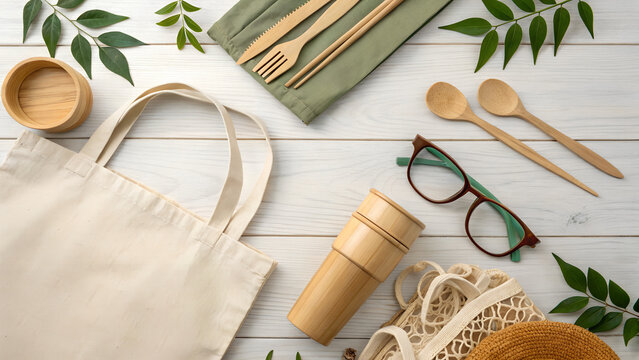 Zero waste. Textile eco bags, wooden glass and bamboo utensil on wooden background. Eco friendly and reuse concept. Top view or flat lay.