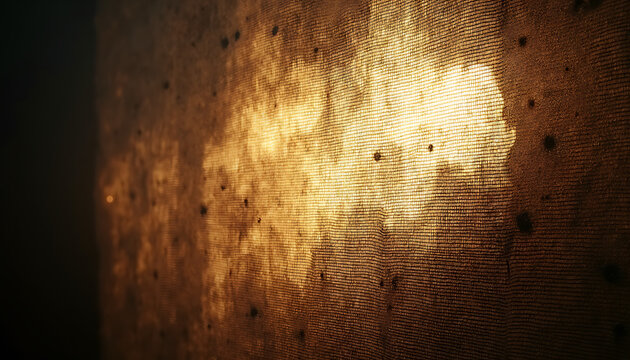 Sunlight filtering through sheer fabric, casting dappled shadows and illuminating dust motes in ethereal glow.