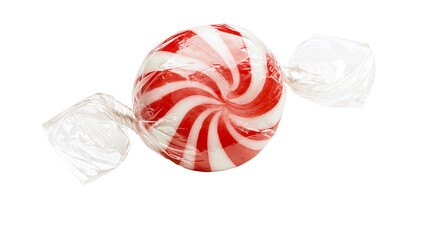 Fototapeta premium Round red and white striped peppermint candy wrapped in clear plastic, isolated on transparent background