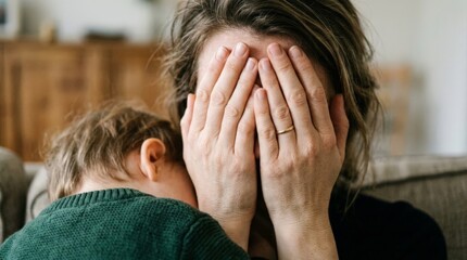 Fototapeta premium Tired mother covering face with hands, in indoor possibly living room, with hands, fingers, green sweater, with fabric sweater, skin texture, from a over-the-shoulder view perspective.