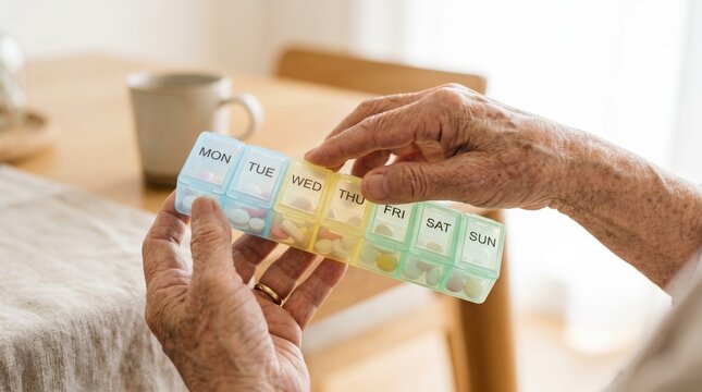 Senior hands holding weekly pill organizer. Elderly medication management with dosette box