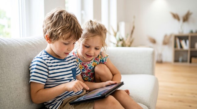 Two children sit close together on a soft couch. They are focused on a tablet device sharing a fun moment. The room has light from big windows and some plants