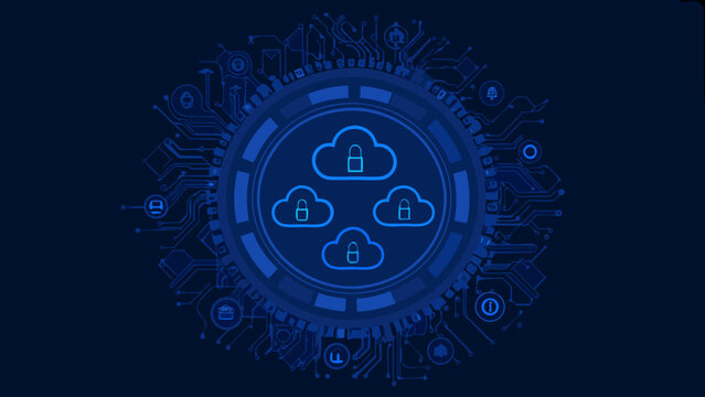 Circular network design featuring cloud icons with padlocks a blue vector illustration on a dark background abstract