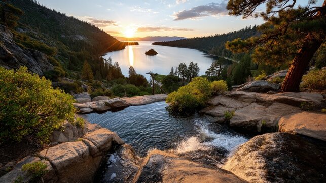 Serene river flowing through rocky terrain surrounded by lush greenery during sunset
