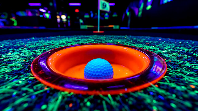 Blue glow in the dark golf ball sitting in a vibrant orange mini golf hole