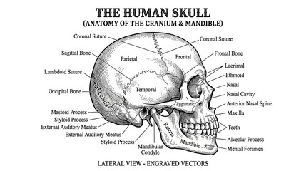 Human Skull Anatomy Diagram: Lateral View - Detailed Engraving © Wajan