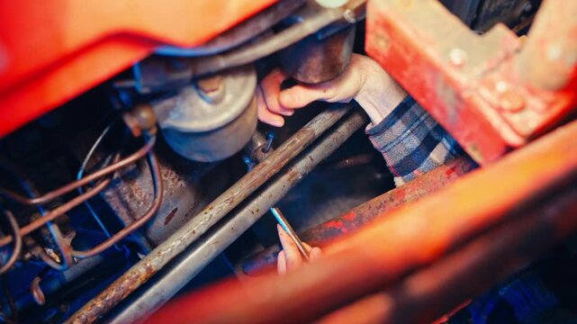 A Mechanic Carefully Inspects and Adjusts Components Inside an Engine Compartment - Close Up