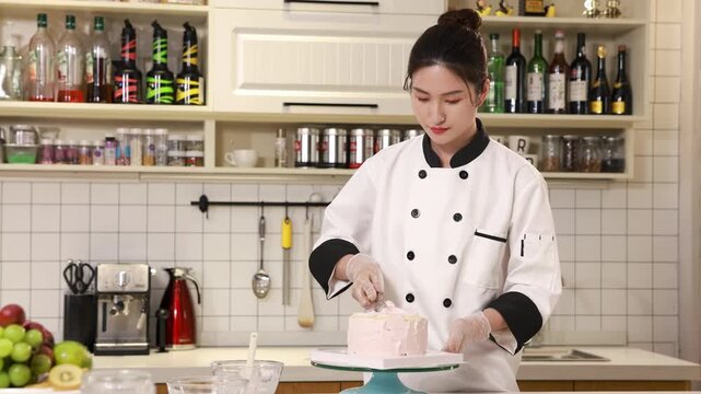 Pastry chef carefully spreads frosting, smooths sweet cream icing with spatula for bakery order in professional kitchen, cake spins slowly on turntable, ideal baking, confectionery, culinary tutorials