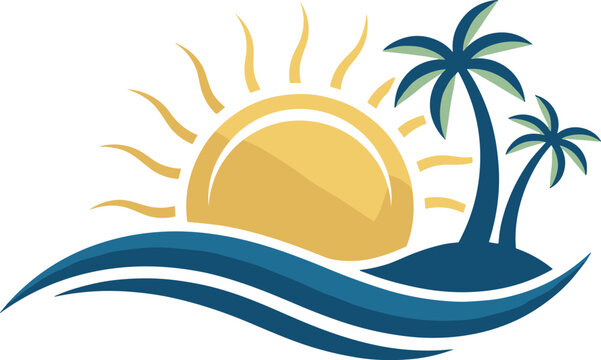 Minimalist tropical beach sunset logo vector illustration with palm trees and ocean waves isolated on white background