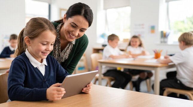 A teacher assists a young girl using a tablet at a desk. Other students are engaged in their work at nearby tables. The classroom is bright and organized, creating a good learning space