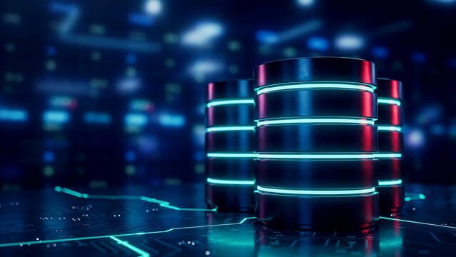 Futuristic digital data storage server racks with glowing blue light networking