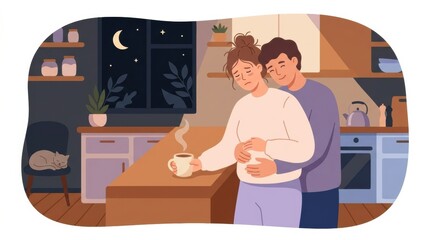 Fototapeta premium A new mother holds a warm drink while her partner provides comfort in a cozy kitchen at night, portraying maternal mental health support.