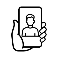 Hand holding a mobile phone icon. Showcasing a generic person's profile portrait on the screen. Symbolizing user representation. Online connection. Connected world © Newleks