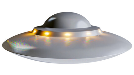 Grey flying saucer with yellow lights, isolated on transparent background © Elena