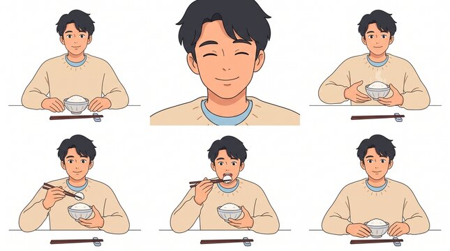 Boy Expressing Different Eating Emotions and Facial Expressions While Enjoying a Meal with Chopsticks, Character Expression Reference Sheet, Cartoon Child Illustration, Healthy Eating Concept, Japanes