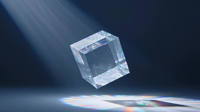 Floating glass cube with rainbow prism light refraction on surface.
