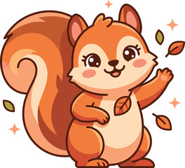 Obraz premium Cute happy cartoon squirrel character waving hand surrounded by falling autumn leaves isolated on plain white background vector illustration