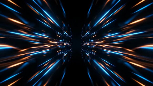 Abstract futuristic motion blur background with blue and orange light streaks radiating from center for high speed technology and energy concept