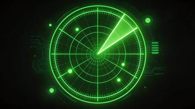 Green digital radar display on black background