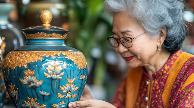 装飾的な青い壺を詳しく観察する眼鏡をかけた高齢女性。金色の文様が施された陶磁器の細部。美術品の鑑定