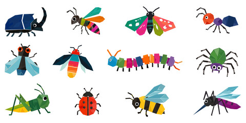 Geometric insects vector set. Mosaic colorful bug icons isolated on white background. Flat cartoon style scolopendra, beetle, bee, butterfly, ladybug and spider collection for kids. © Anna B
