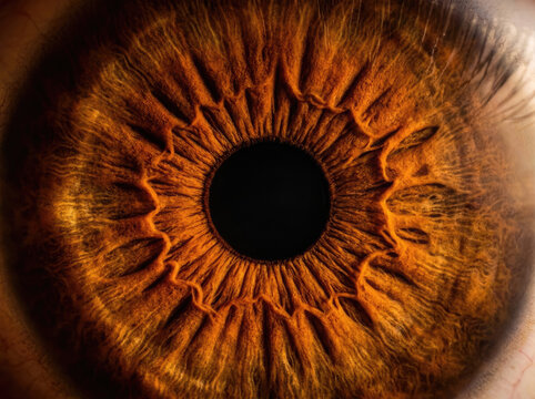 Deep brown iris macro with intricate patterns and textures, showcasing natural beauty and detail