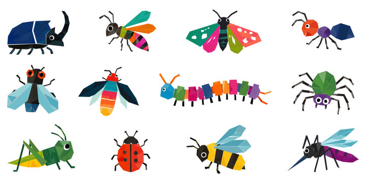 Geometric insects vector set. Mosaic colorful bug icons isolated on white background. Flat cartoon style scolopendra, beetle, bee, butterfly, ladybug and spider collection for kids.
