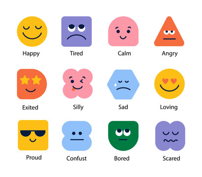 Abstract geometric character cheerful face shapes.  Colorful emotion set with feelings. Different emotions and expressions for chat, social media, stickers, and communication design, Vector