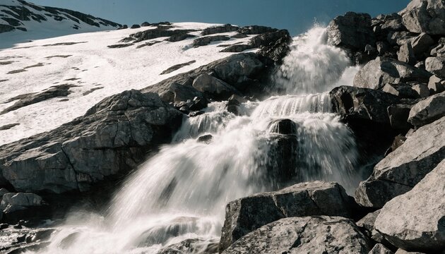 Powerful alpine waterfall from melting snowfields cascading over gray granite boulders, cold clear daylight and mountain wilderness energy for adventure, climate and nature visuals