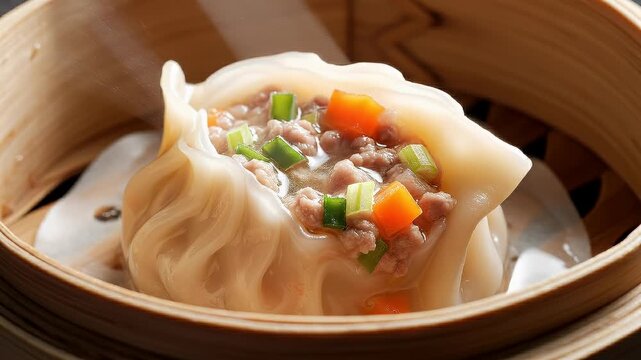 Steaming hot chinese shumai dumpling in a bamboo steamer.

