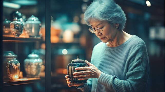 展示された陶磁器を手に取る眼鏡の高齢女性。美術館や店舗での品定め。暗い背景に浮かび上がる工芸品