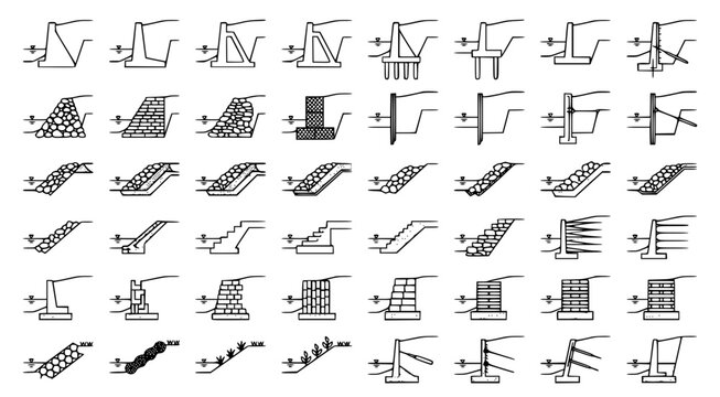 Detailed engineering diagrams of retaining wall types and foundation soil stabilization methods for civil construction projects and land development planning and landscape architectural design studies