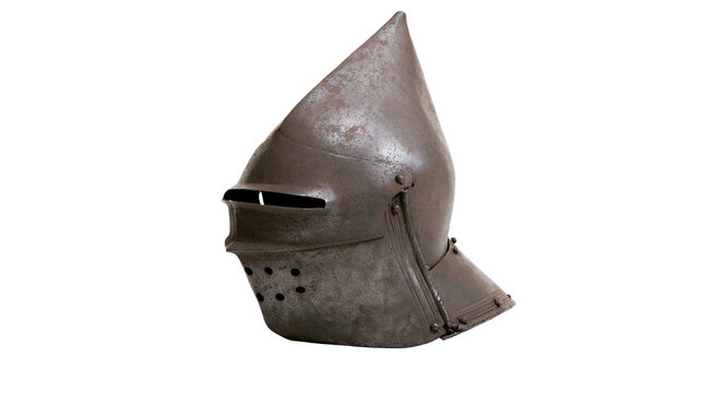 Medieval metal armet helmet with pointed top and eye slits, isolated on transparent background